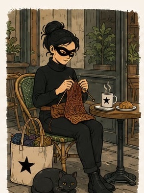 Illustration de la tricoteuse masquée tricotant en terrasse d'un café