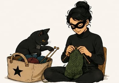 Illustration du chat noir surveillant les aiguilles à tricoter
