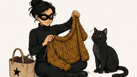 Illustration de la tricoteuse masquée montrant fièrement un chandail terminé à son chat