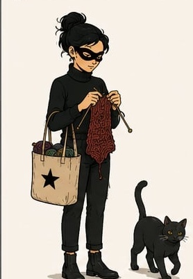 Illustration de la tricoteuse masquée, debout, tricotant avec son chat noir