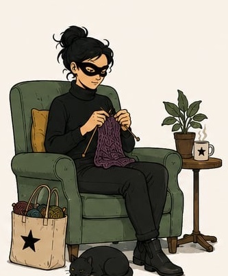 Illustration de la tricoteuse masquée assise dans un fauteuil, en train de tricoter